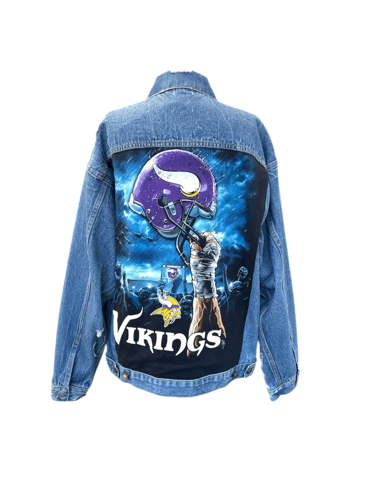Denim jacket with 'Vikings' graphic on the back
