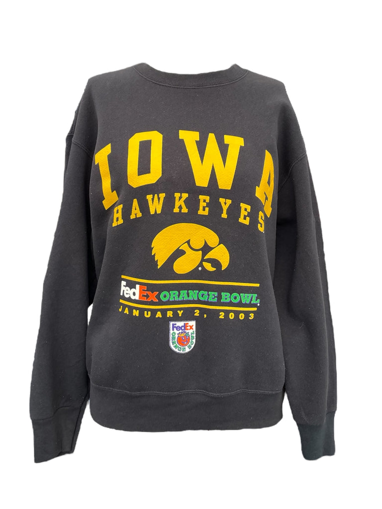 Gray sweatshirt with 'Iowa Hawkeyes' and event details on a white background