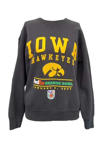 Gray sweatshirt with 'Iowa Hawkeyes' and event details on a white background