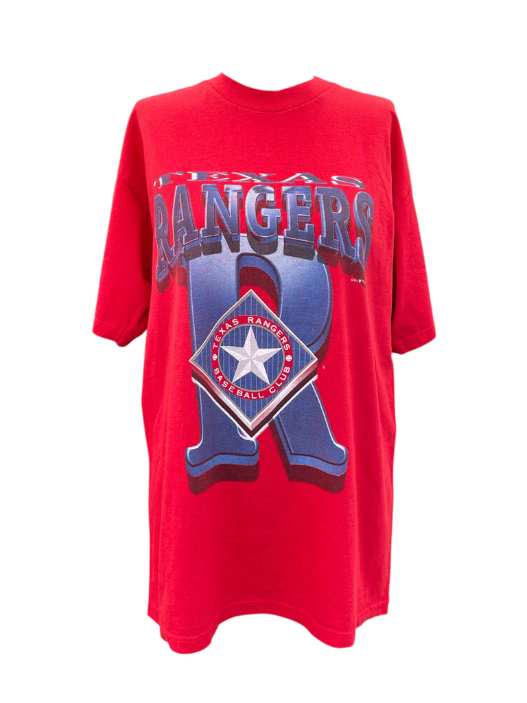 Red Texas Rangers t-shirt with logo on a white background
