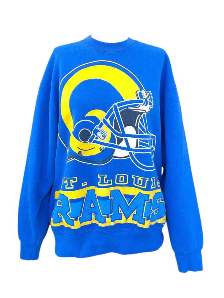Blue sweatshirt with yellow and white graphics on a white background