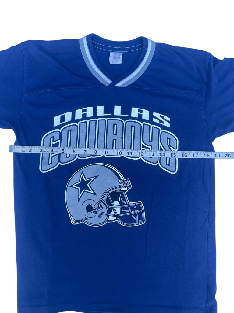 Blue t-shirt with Dallas Cowboys logo and helmet on a white background