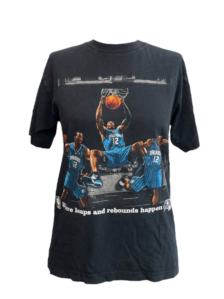 Black t-shirt with basketball player graphic and text on a white background