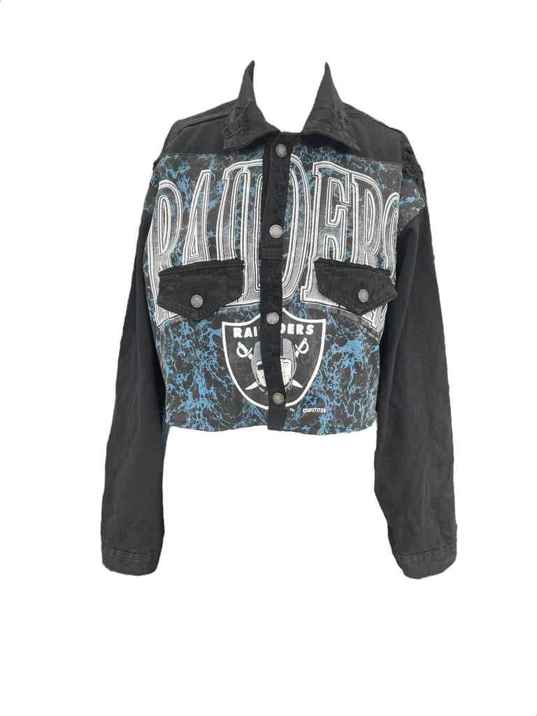 Black denim jacket with 'Raiders' logo on a white background