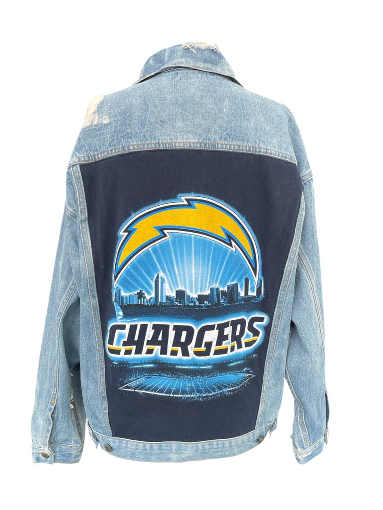 Denim jacket with Chargers logo on a white background