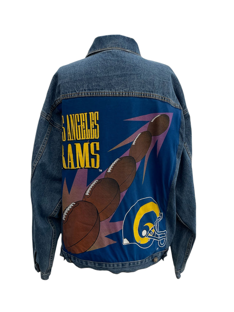 Denim jacket with Los Angeles Rams graphics on a white background