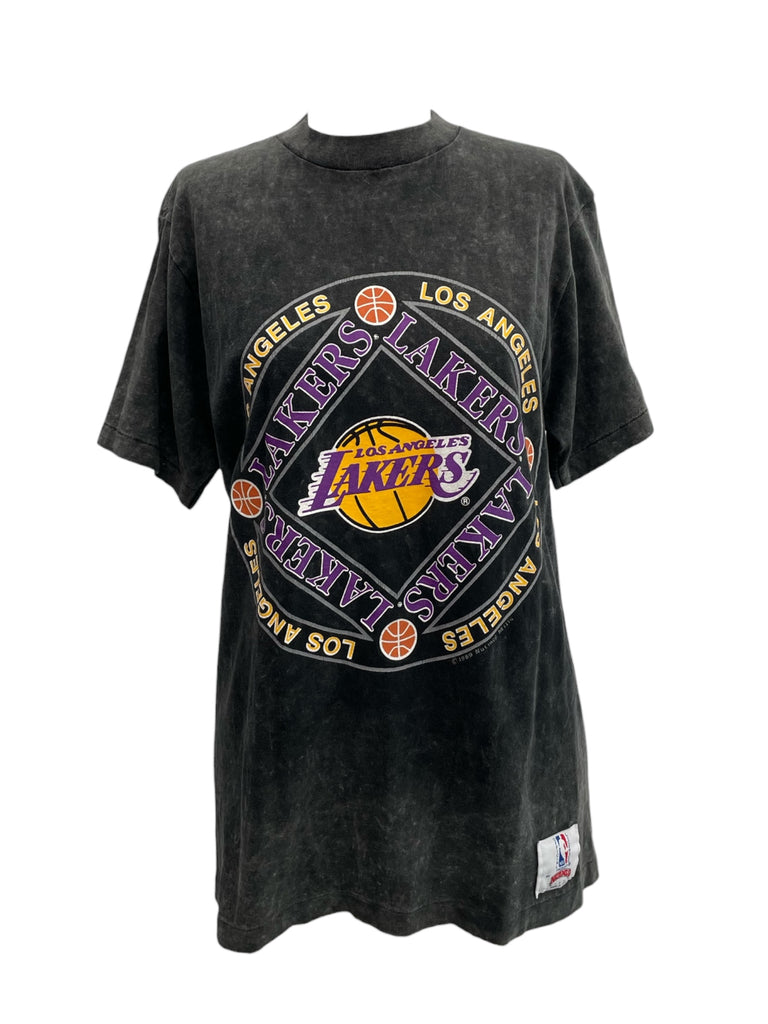 Black Los Angeles Lakers t-shirt with team logo and text on a white background