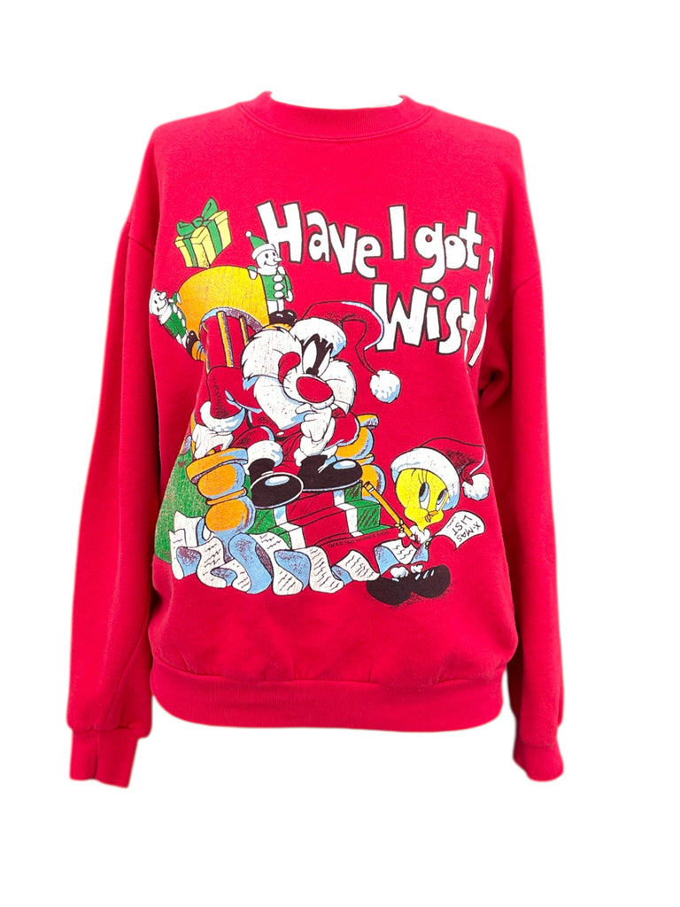 Red sweatshirt with cartoon character design and text on a white background
