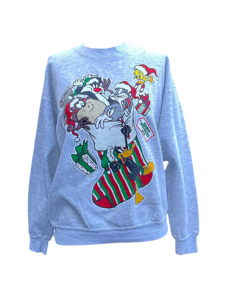 gray sweatshirt with Christmas-themed cartoon design on a white background