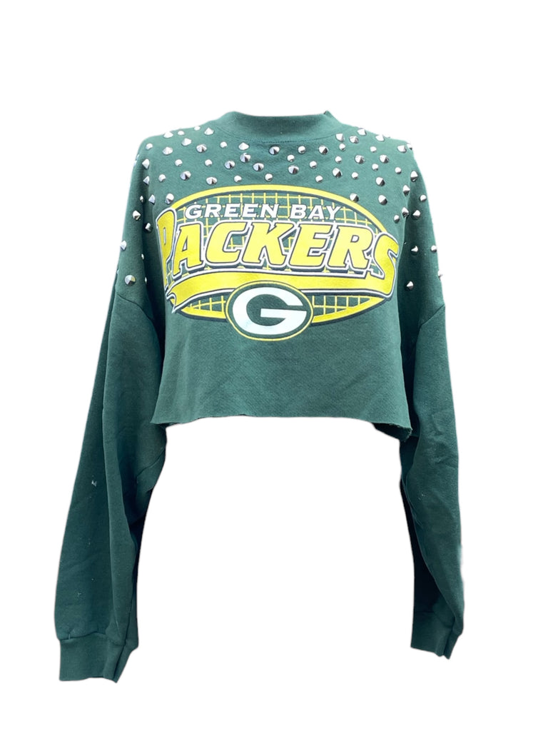 Green Bay Packers long-sleeve sweatshirt with rhinestone embellishments on a white background