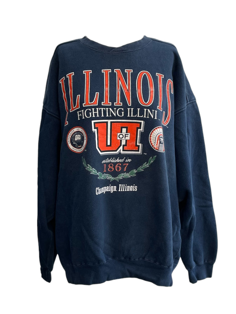 Navy blue sweatshirt with 'Illinois Fighting Illini' text and logo on a white background