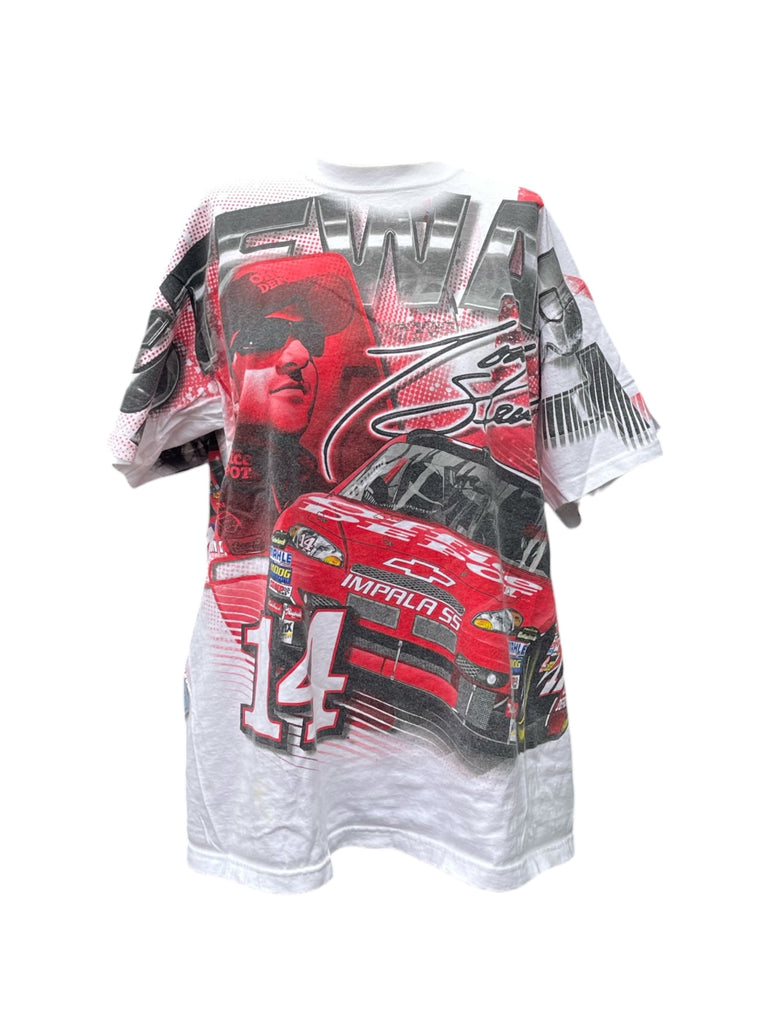 T-shirt with a red and black race car design on a white background