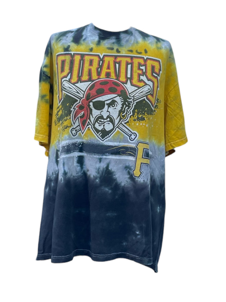 Tie-dye t-shirt with 'Pirates' logo and design on a white background