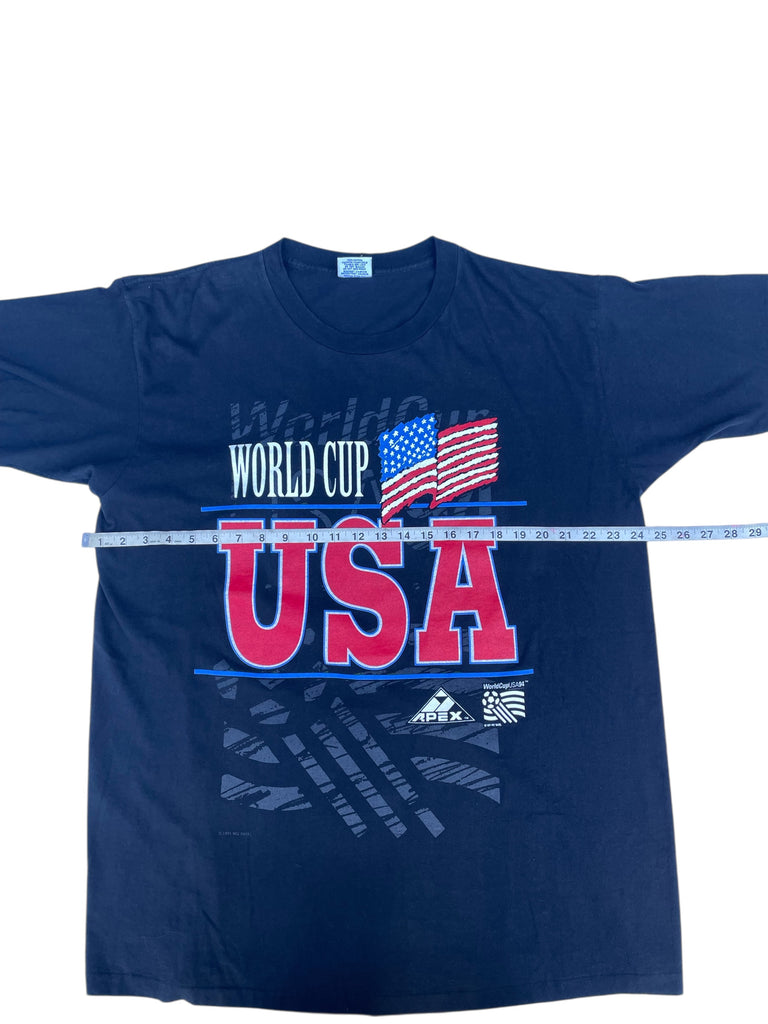 Navy blue t-shirt with 'World Cup USA' text and American flag on a white background