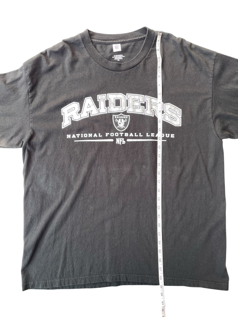 Black t-shirt with 'Raiders' and 'National Football League' text on a white background