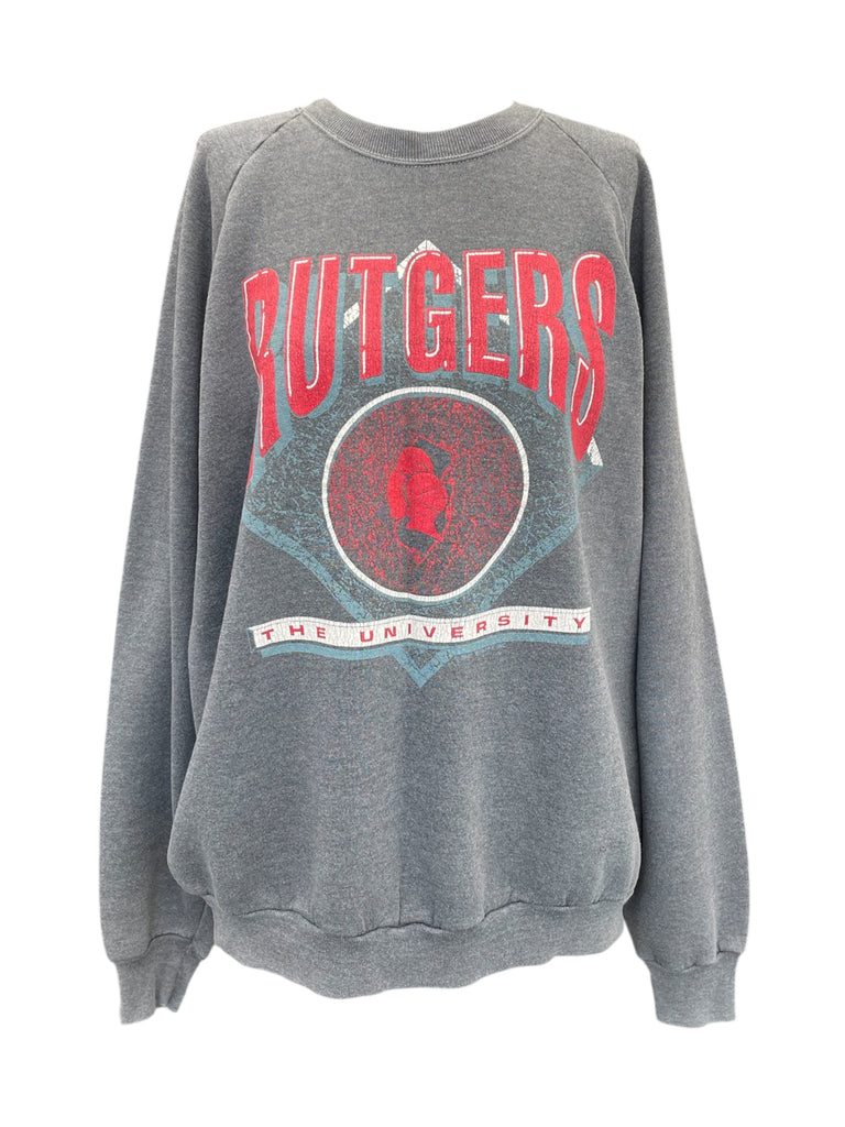 Gray sweatshirt with 'Rutgers The University' print on a white background