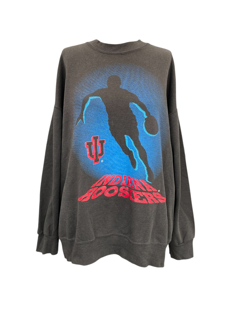 Gray sweatshirt with a graphic of a basketball player and 'Indiana Hoosiers' text on a white background