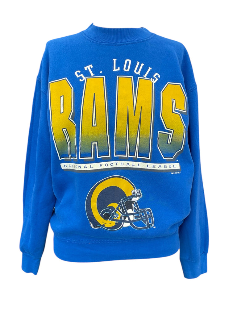 Blue sweatshirt with 'St. Louis Rams' text and logo on a white background