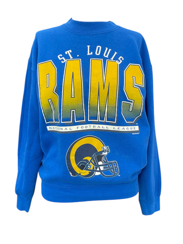 Blue sweatshirt with 'St. Louis Rams' text and logo on a white background