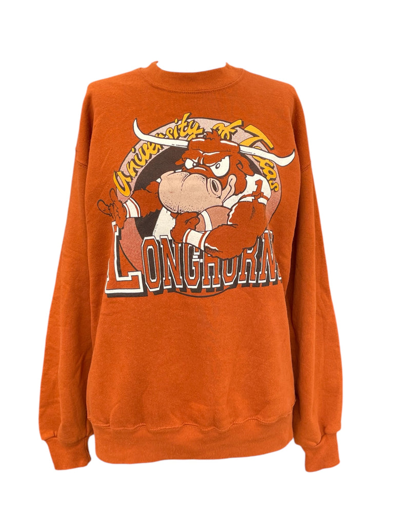 Orange sweatshirt with cartoon character and 'Longhorn' text on a white background