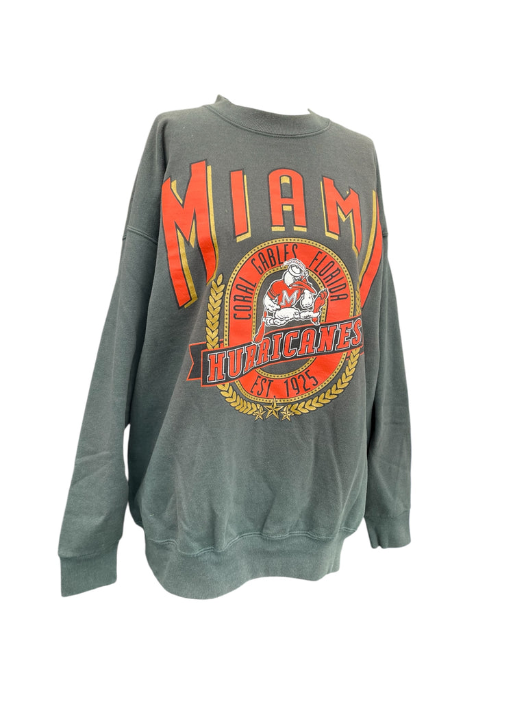 Gray sweatshirt with 'Miami Hurricanes' logo on a white background