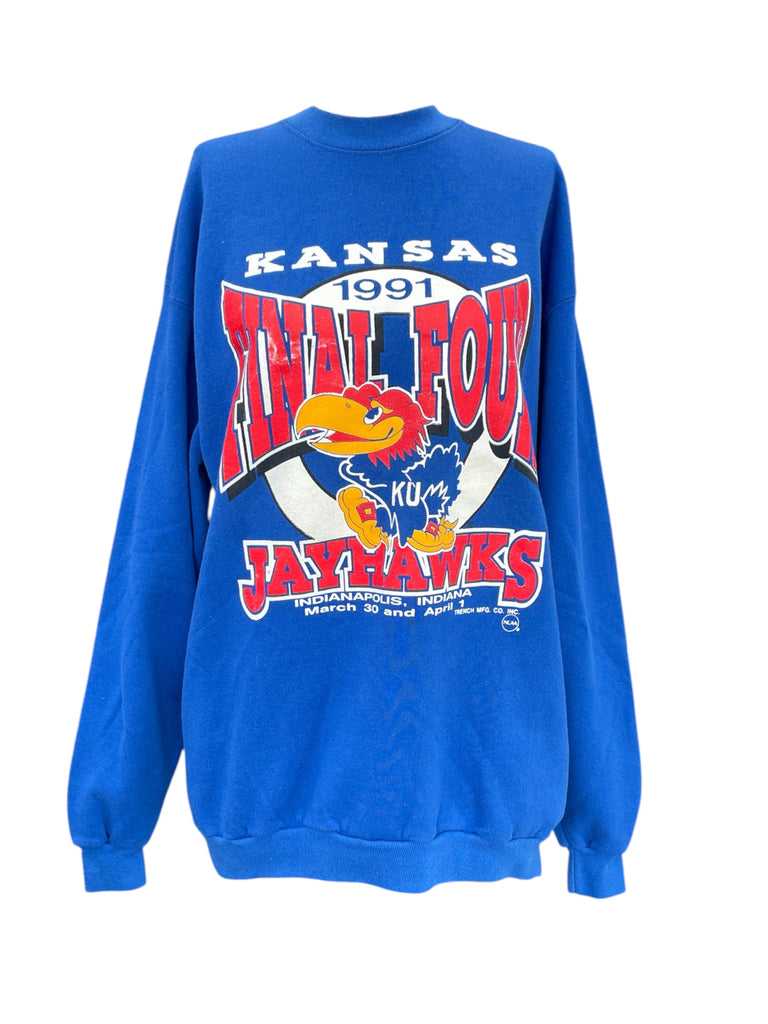 Blue sweatshirt with 'Kansas Jayhawks' graphic on a white background