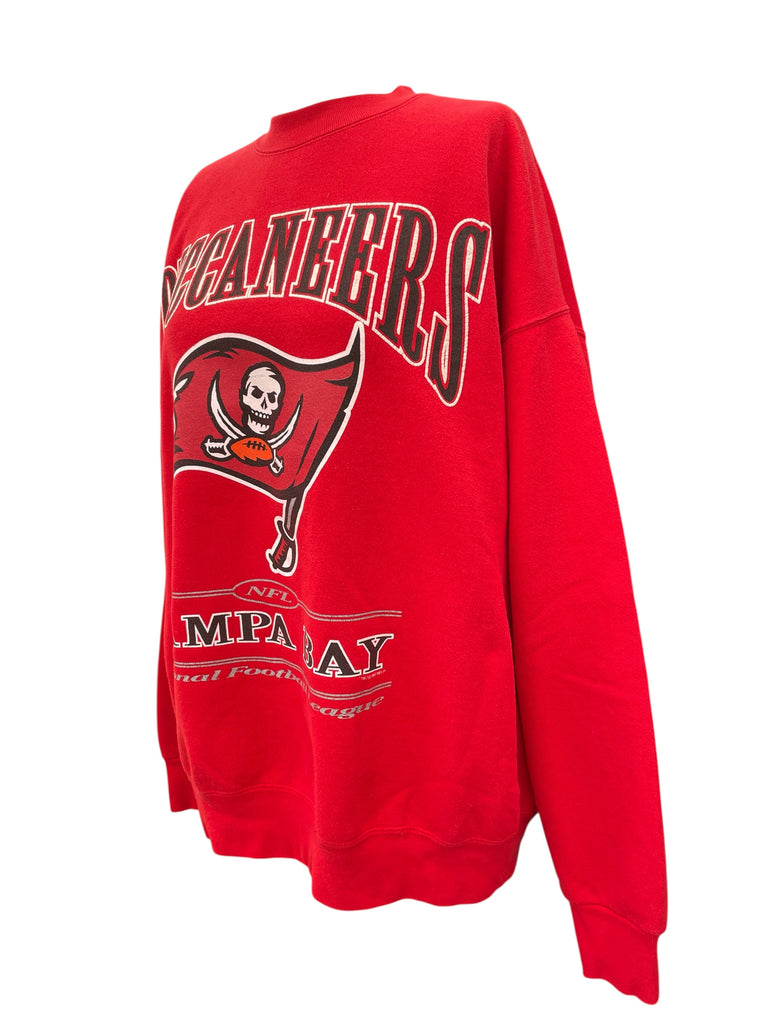 Red sweatshirt with 'Buccaneers' logo on a white background