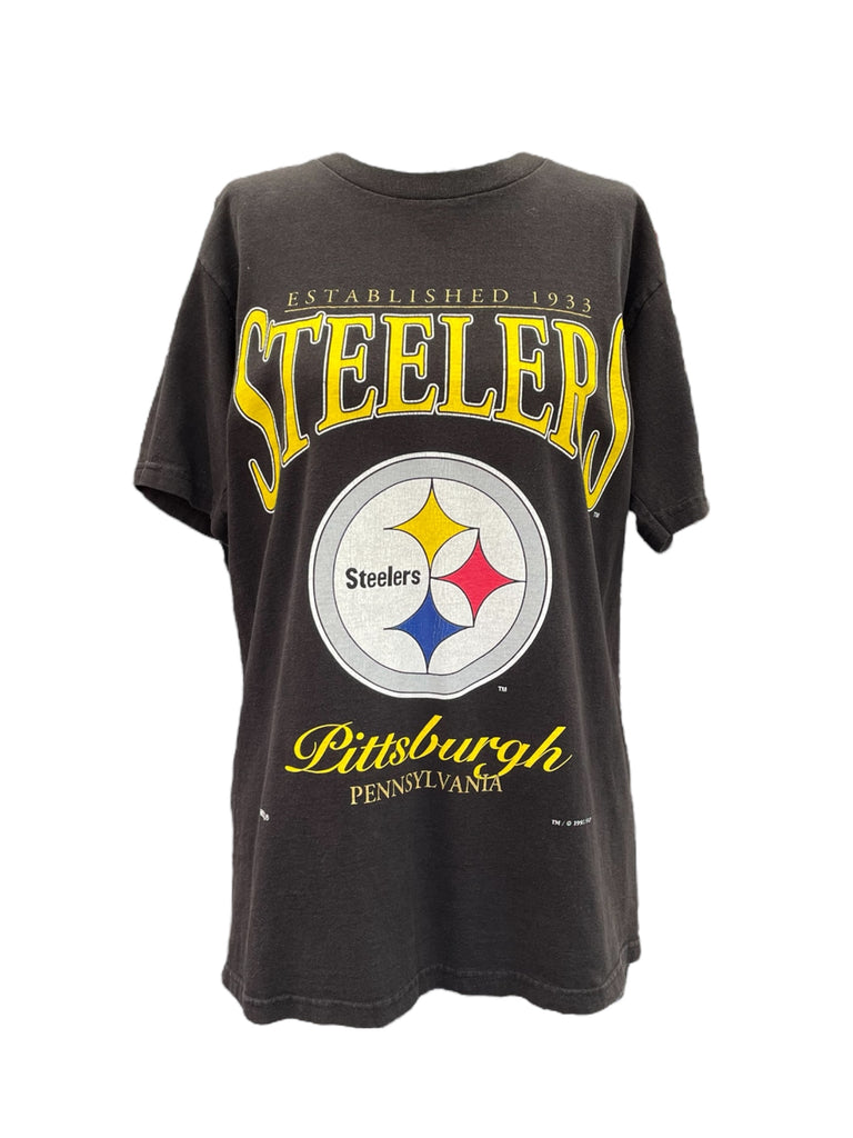 Black t-shirt with Steelers logo and text on a white background
