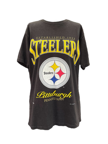 Black t-shirt with Steelers logo and text on a white background