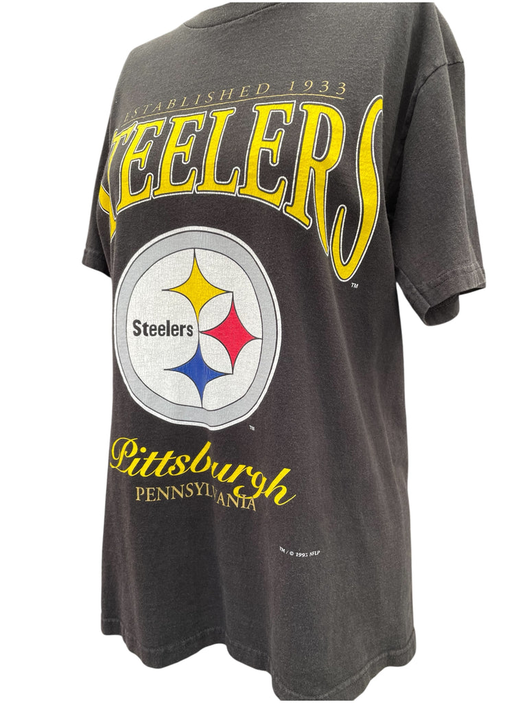 Black t-shirt with Steelers logo and text on a white background