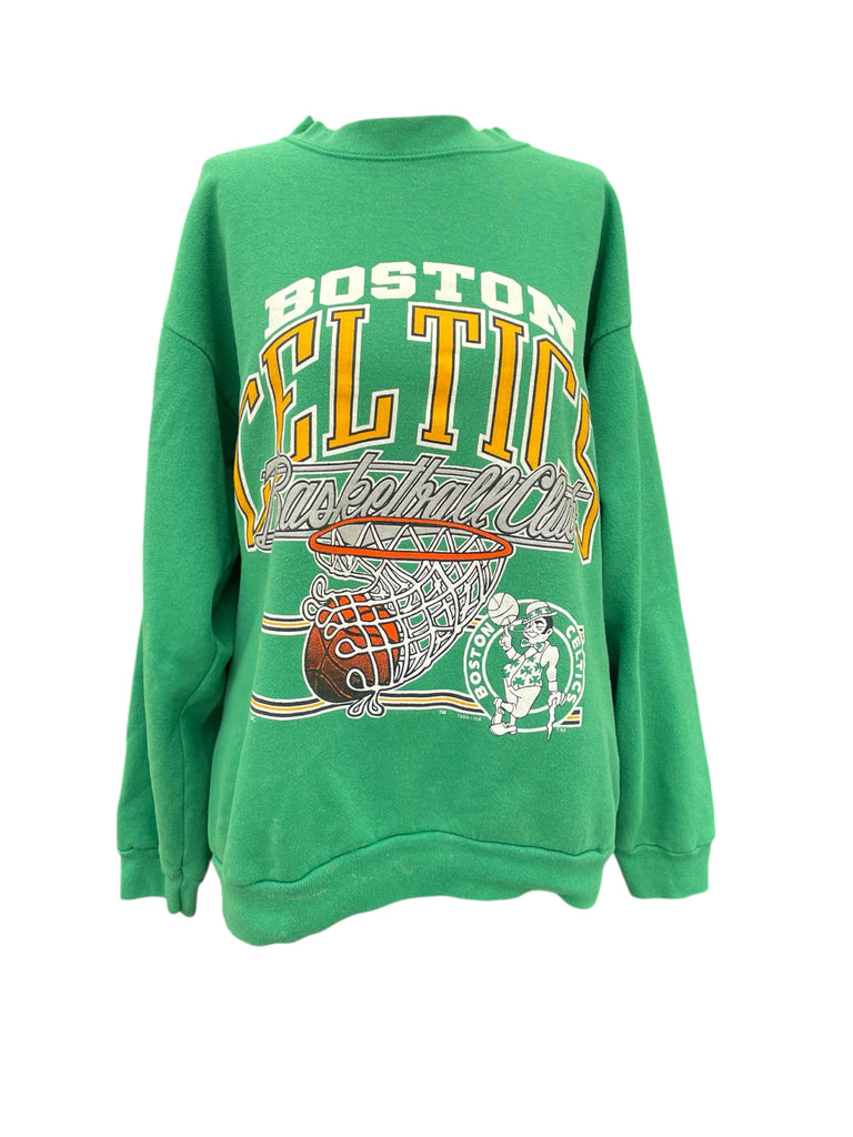 Green sweatshirt with Boston Celtics basketball design on a white background