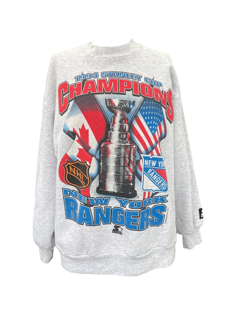 Gray sweatshirt with New York Rangers Stanley Cup Champions design on a white background