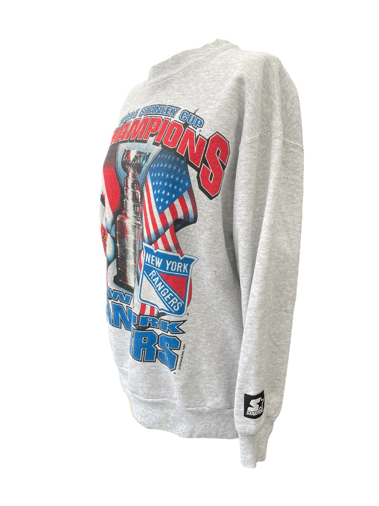 Gray sweatshirt with New York Rangers branding and championship design on a white background