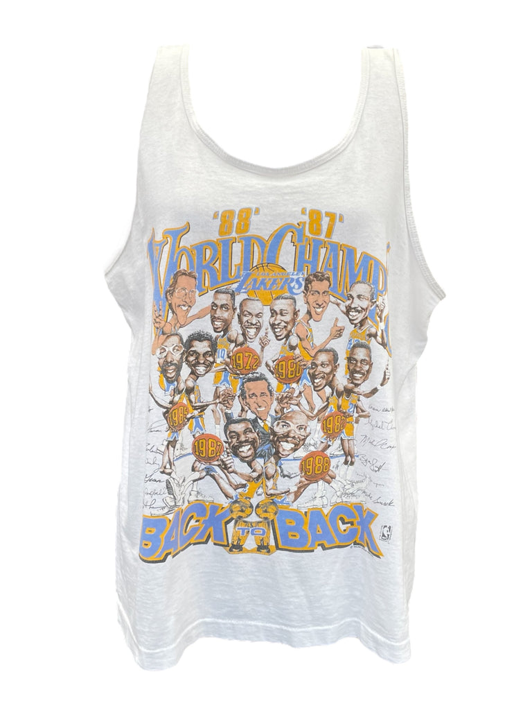 White tank top with graphic design of basketball players and text on a white background