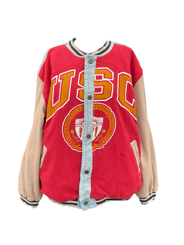 Red letterman jacket with beige sleeves and 'USC' logo on a white background