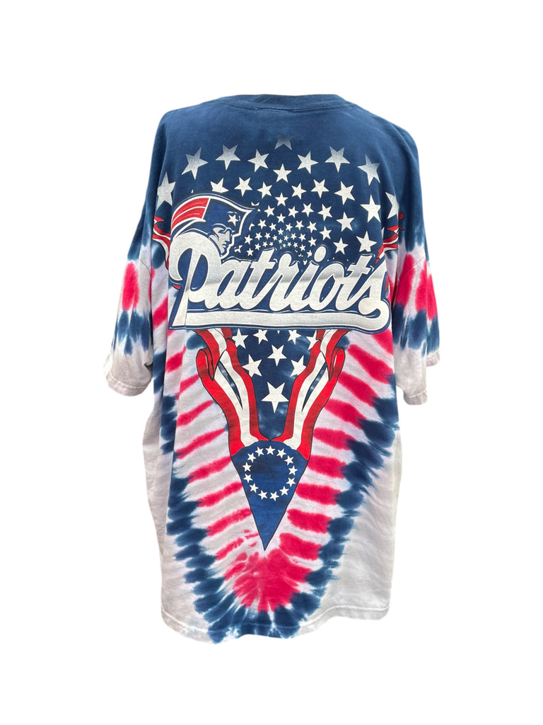 Tie-dye dress with 'Patriots' and American flag design on a white background