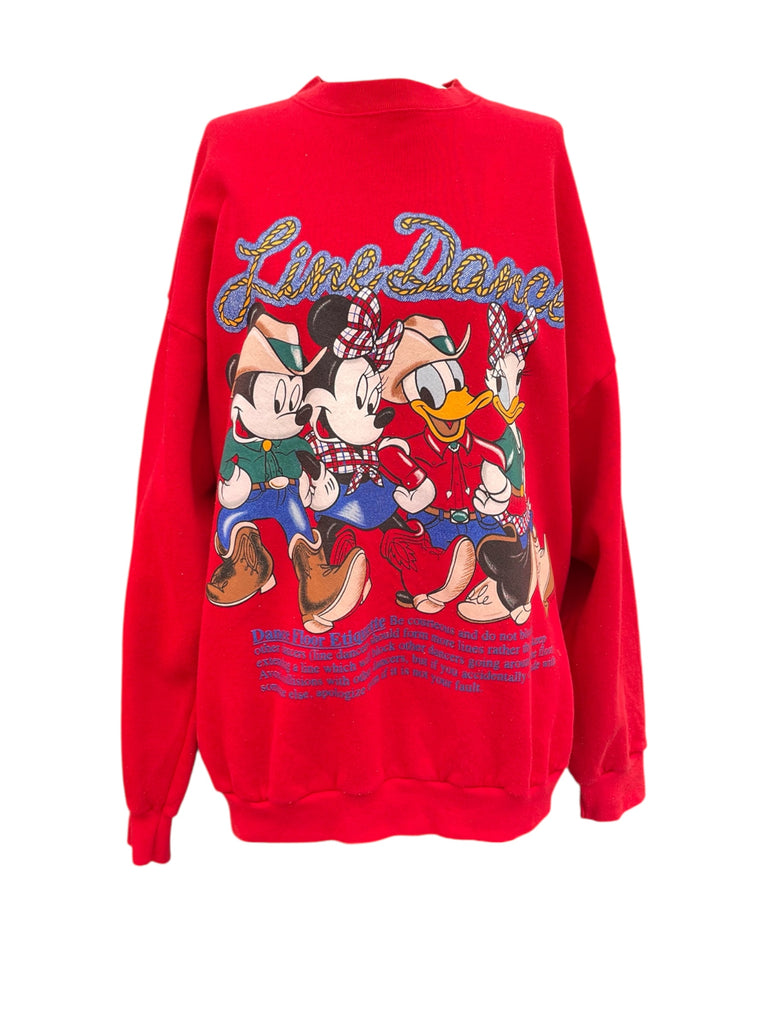 Red sweatshirt with cartoon characters and text on a white background