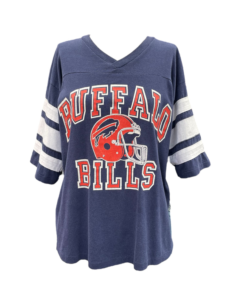 Navy blue sports jersey with 'Buffalo Bills' text and helmet graphic on a white background