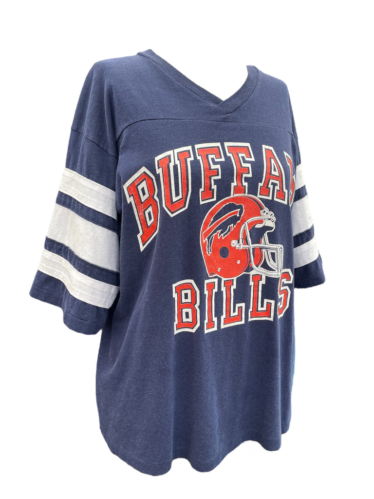 Blue sports jersey with 'Buffalo Bills' text and helmet logo on a white background