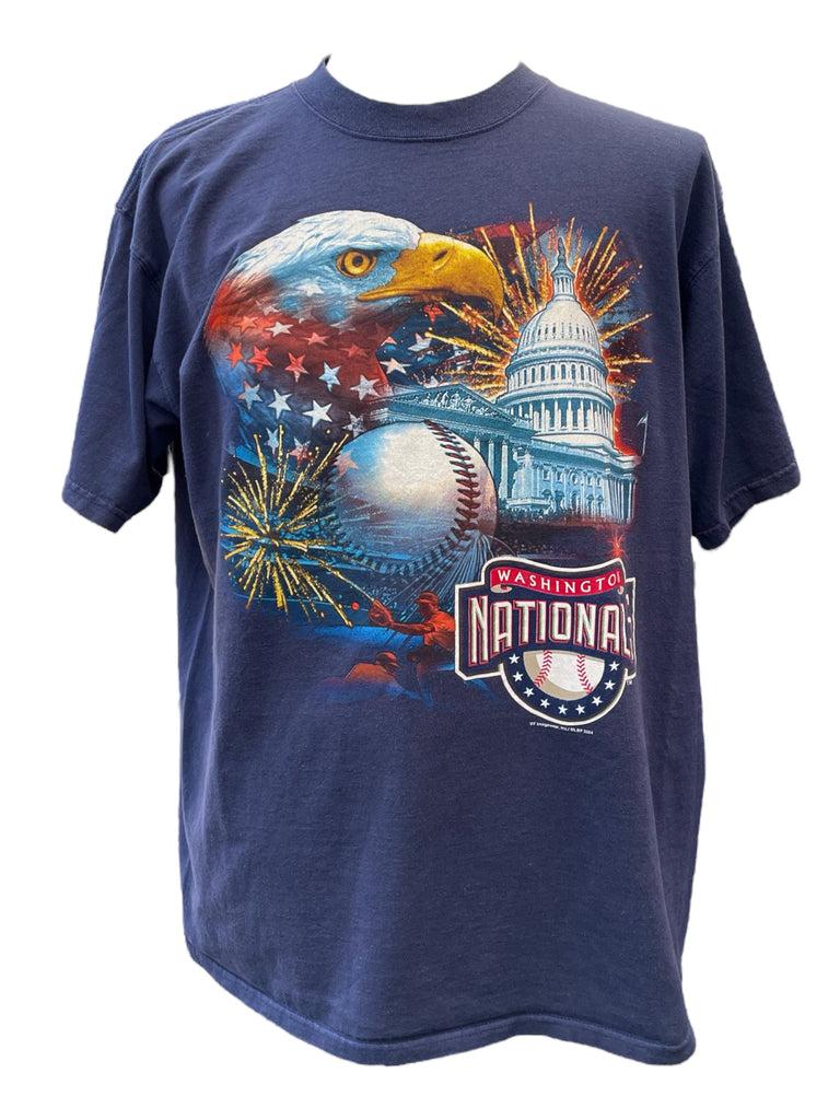 Navy blue t-shirt with a graphic of an eagle, Capitol building, and baseball on a white background