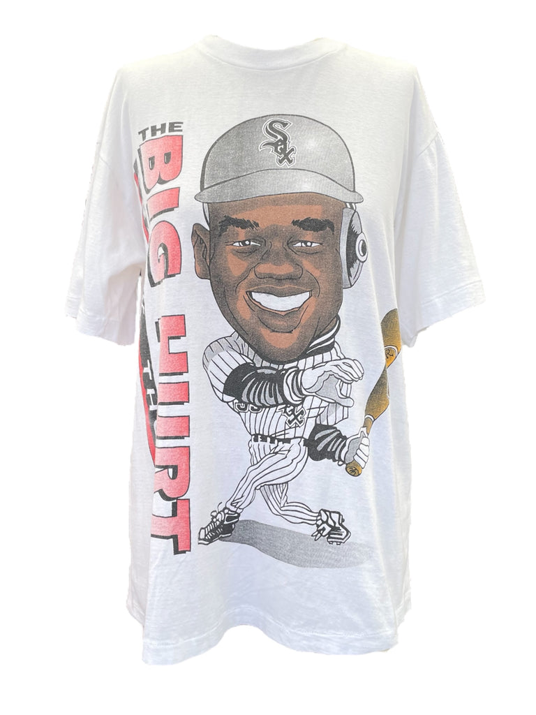 White t-shirt with a graphic of a baseball player and text on a white background