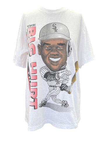 White t-shirt with a graphic of a baseball player and text on a white background