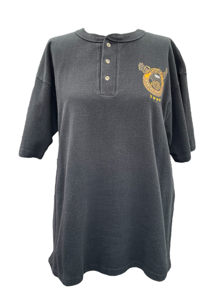 Dark gray polo shirt with a logo on a white background