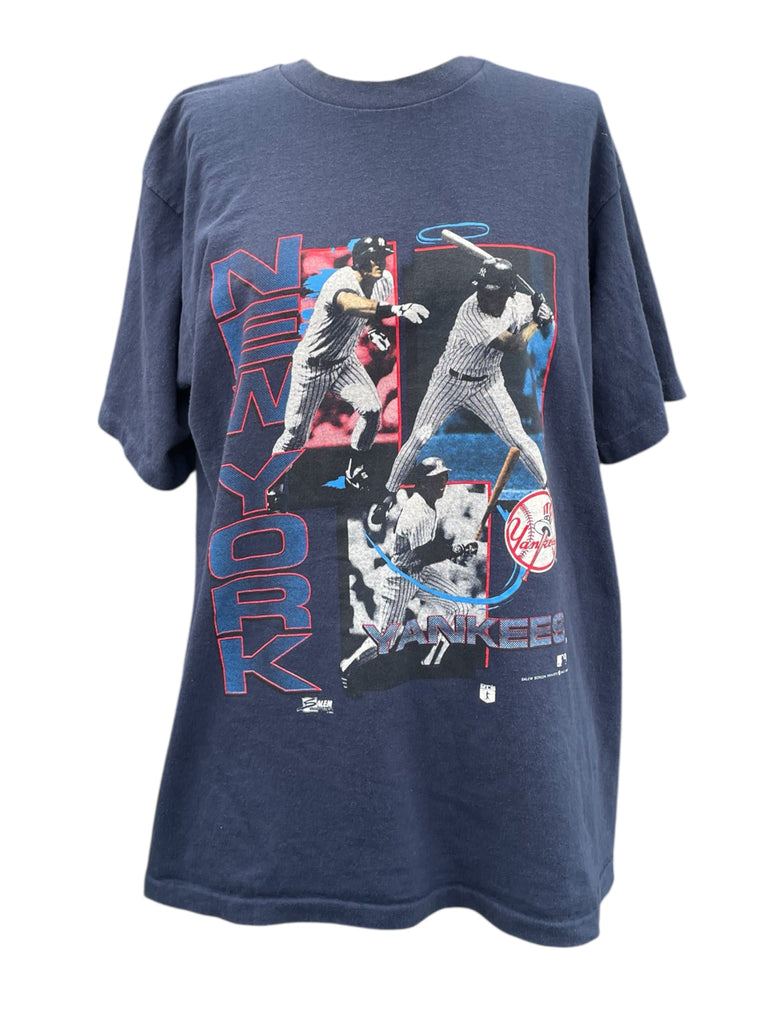 Navy blue t-shirt with baseball player graphic and 'New York Yankees' text on a white background