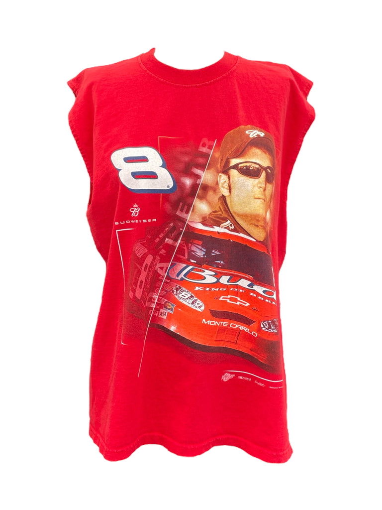 Red sleeveless shirt with a graphic of a person wearing sunglasses and racing gear, featuring the number 8 and 'Budweiser' branding.