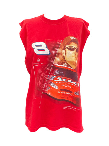 Red sleeveless shirt with a graphic of a person wearing sunglasses and racing gear, featuring the number 8 and 'Budweiser' branding.