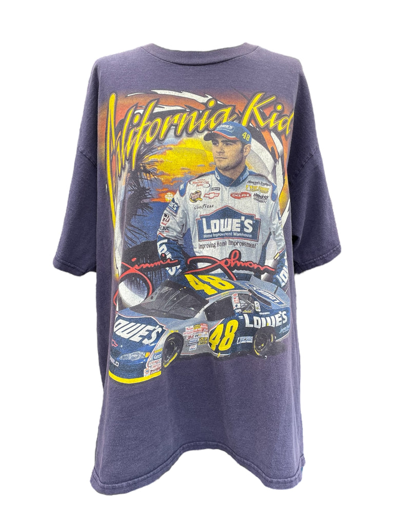 Navy blue t-shirt with a racing driver graphic and 'Lowes' branding on a white background