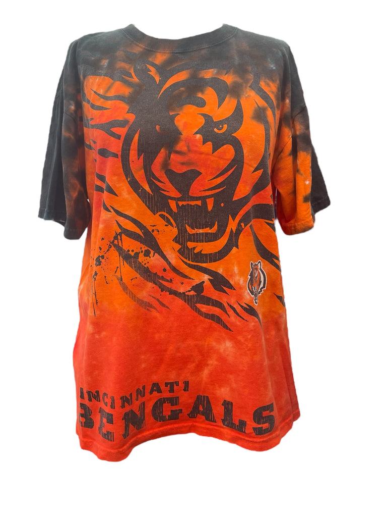 Orange and black tie-dye t-shirt with Cincinnati Bengals logo on a white background