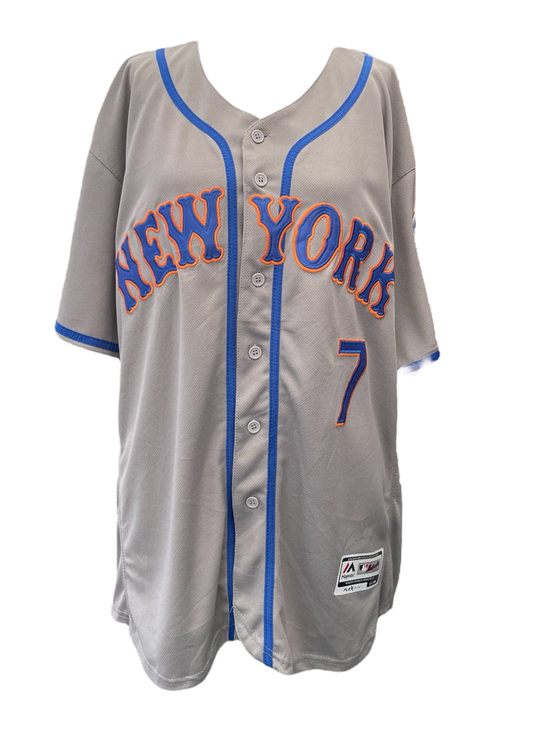 Gray baseball jersey with 'New York' and number '7' on a white background
