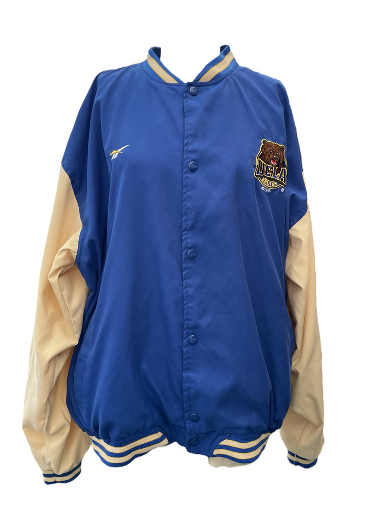 Blue and beige varsity jacket with logos on a white background